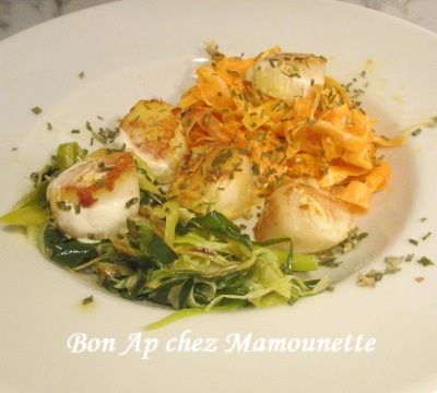 Coquilles st Jacques à la carotte et au poireau crémées et au curcuma et danse des coquilliers