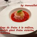 Nage de fraises à la mélisse, parfait glacé fraises violette, rhubarbe