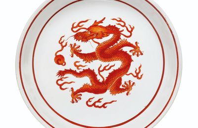 A rare iron-red 'Dragon' dish, Daoguang six-character seal mark and period(1821-1850)