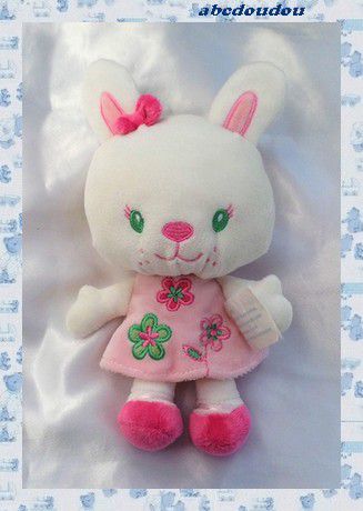 Doudou Peluche Lapin Blanc Robe Rose Broderie Fleur La Halle Kimbaloo