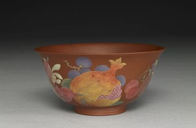Yixing bowl with flowers and fruits in painted enamels, Qing dynasty, Kangxi mark and period (1662-1722)