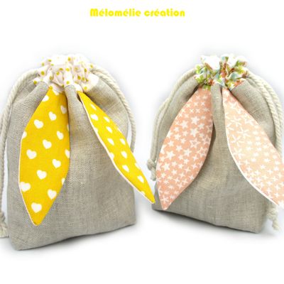 Pochette oreilles de lapin lin jaune corail, pour mettre des petites bricoles ou des chocolats