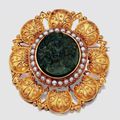 Etruscan Revival Gold, Green Hardstone Cameo and Split Pearl Brooch