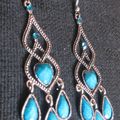 B.O. pendantes orientales, argenté, strass et turquoise