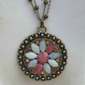 Pendentif Rond Style Vintage Fleur Email Multicolore Strass Métal Couleur Bronze