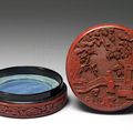 Carved red lacquerware Round box with scene of appreciating plum blossoms, Ming dynasty, Xuande reign (1426-1435)