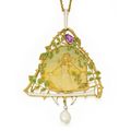 18 Karat Gold, Enamel, Pink Sapphire, Natural Pearl and Diamond Pendant-Necklace, Lucien Gautrait, Maison Gariod, France