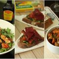 Salade méli-mélo au poulet, tartine de légumes au boeuf séché ou tajine de veau aux carottes ?