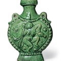 An unusual small green-glazed pottery 'pilgrim's' flask, Tang dynasty (AD 618-907)