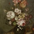 Ambrosius Bosschaert the Younger, A rose, tulips, carnations and other flowers in a glass vase on a table-top with whitecurrants