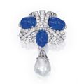 Platinum, Sapphire, Diamond and Cultured Pearl Brooch