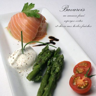 KKVKVK N°25; Bavarois au saumon fumé, asperges vertes et chèvre aux herbes fraîches