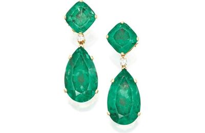 Pair of Emerald and Diamond Pendant-Earclips, Mounted by Verdura