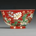 A fine and rare coral-ground famille-verte bowl, Kangxi Yuzhi mark and period (1662-1722)