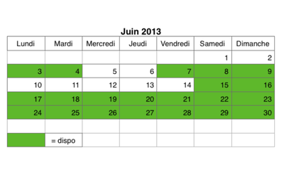 Disponibilités JUIN 2013 ( prévisonnel)