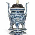 A dated blue and white 'bajixiang' tripod censer and stand, Daoguang period, with cyclical year of dingwei, corresponding to 184
