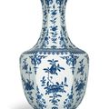 An exceptional large blue and white ‘sanduo’ hexagonal vase, Qianlong six-character seal mark and of the period
