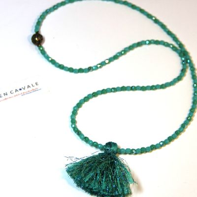 Sautoir "verre-laine" turquoise vert