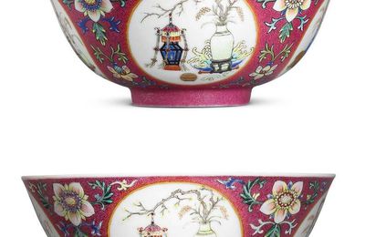 A pair of fine ruby-ground famille rose medallion bowls, Daoguang six-character seal marks in underglaze blue and of the period 