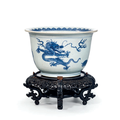 An important blue and white bell-shaped 'Five mythical creatures' jardinière, China, Qing dynasty, Kangxi period (1662-1722)