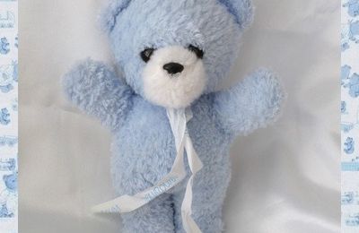 Doudou Peluche Ours Bleu Grelot Noeud Blanc Nounours 20 cm