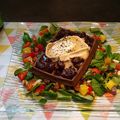 Salade de chèvre chaud trompe l'oeil gaufre au chocolat et chutney de cerises