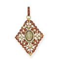 A Renaissance Revival cat's-eye quartz, diamond and enamel pendant, circa 1880, by Giuliano