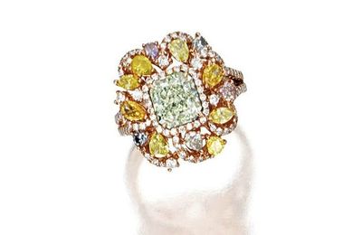 Fancy intense yellowish green diamond, coloured diamond and diamond ring