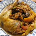 Tajine de cuisses de pintade aux aubergines, tomates, olives et citrons confits