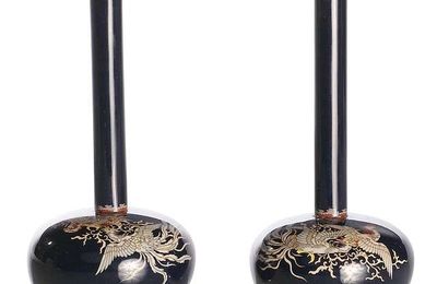 A pair of blue-ground phoenix cloisonné enamel vases, Japan, Meiji period