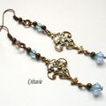 Estampe, dentelle, métal bronze, strass, cristal autrichien, boucles d'oreilles