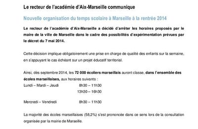 nouvelle organisation du temps scolaire à Marseille à la rentrée 2014