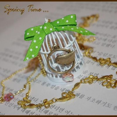 Sautoir "Cage à Oiseau" Blanche Petit Oiseau Très Printanier ! ♥