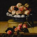 Louise Moillon, Still life of a peaches in a bowl standing on a wooden box on a ledge, an apricot branch resting in the foregrou