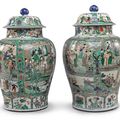 A pair of famille-verte baluster jars and covers, Qing dynasty, Kangxi period (1662-1722)