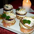 BLINIS CLUBS TARAMA,TRUITE FUMEE, FROMAGE FRAIS, BETTERAVE ROUGE ET PERLES DE CITRON