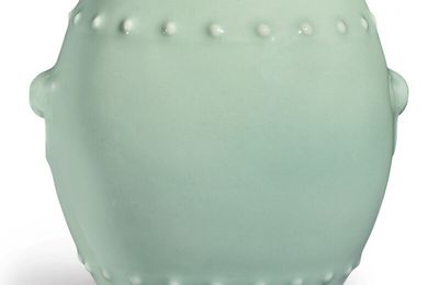 A celadon-glazed drum-shaped vase, Qianlong seal mark and period (1736-1795)