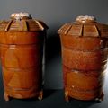 Pair of Large Brown Glazed Graneries and Covers, China, Han Dynasty (206 BC-220 AD)