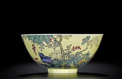 A superbly enamelled and extremely rare chartreuse-ground bowl enamelled in the Imperial Workshops, mark and period of Yongzheng