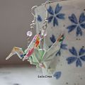 VENDUES - Origami - Boucles d'oreilles Colibris vert pâle & fleurs