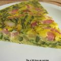 Clafoutis salé aux asperges sauvages, courgettes et lardons