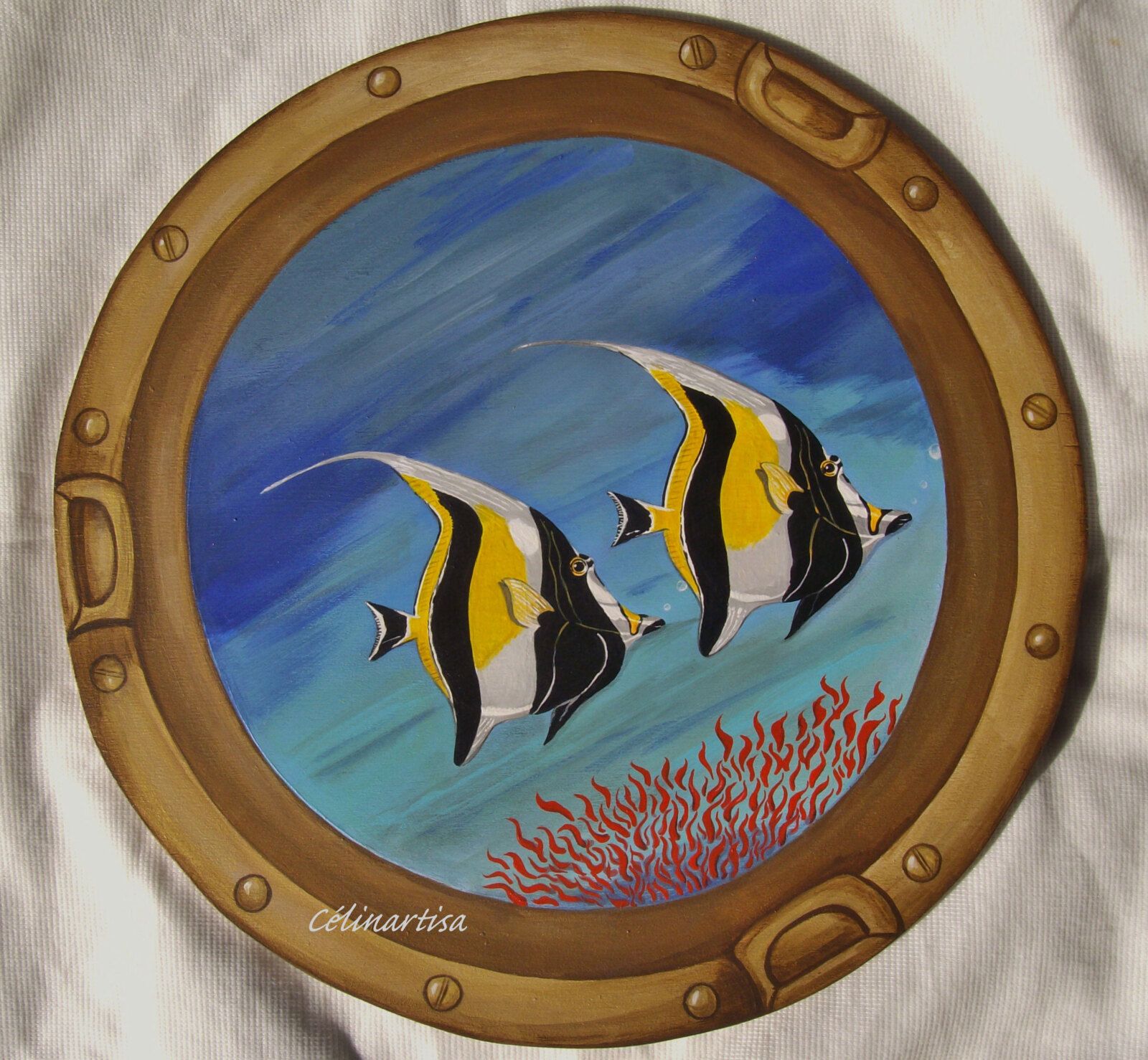 Hublot & poissons en trompe-l'oeil - acrylique sur bois