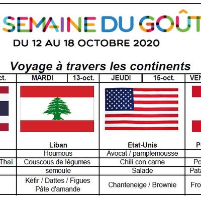 Menus de la cantine scolaire de St Denis des Murs du 12 au 18 Octobre 2020 (semaine du goût)