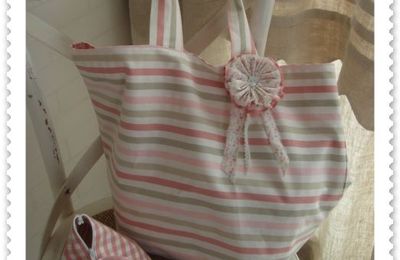 Ensemble sac cabas, trousse, shabby rose et gris...