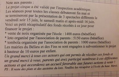 Projet cirque 2018 : infos diverses et merci aux parents 