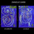 FAMILLE ZARB (bleu) : Jeu de 7 familles (gouache, crayon blanc, tampon de lettres et stylo-bille noir) mai 08