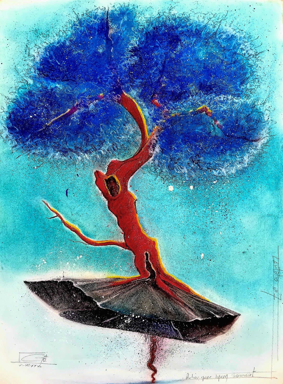 Arbre bleu suspendu sur un rocher flottant. Stylo Bic, pastel sec et crayon, pierre noire, fusain et crayon de couleur.