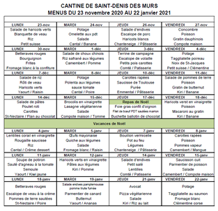 Menus de la cantine scolaire de St Denis des Murs du 23 novembre 2020 au 22 janvier 2021