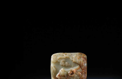 A rare Imperially-inscribed pale green and russet jade 'three rams' plaque The jade Ming Dynasty, the inscription dated to 1772