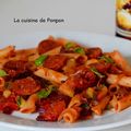 Penne, chorizo, courgette et fanes de betteraves rouges